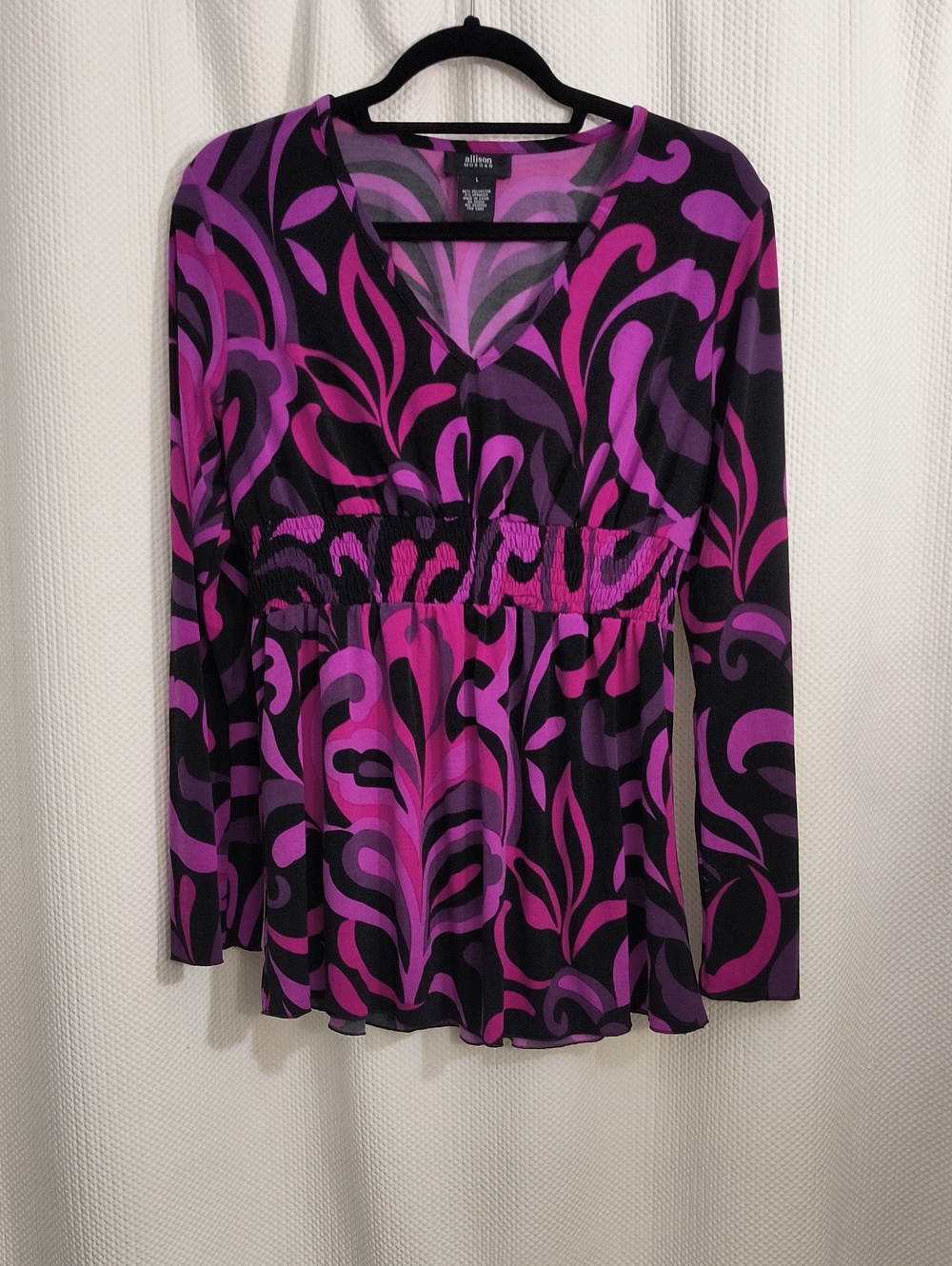 Vintage Allison Morgan Purple and Black V-Neck Long Sleeve Printed Tunic Womans